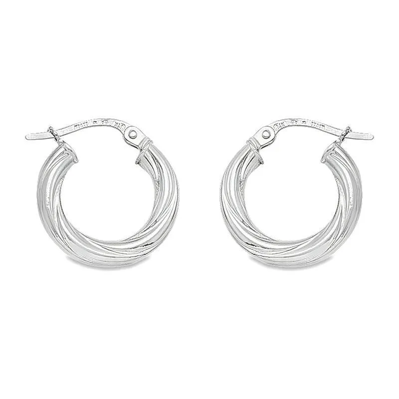 10K, 14K White Gold Twisted 3mm Tube Hoop Earrings