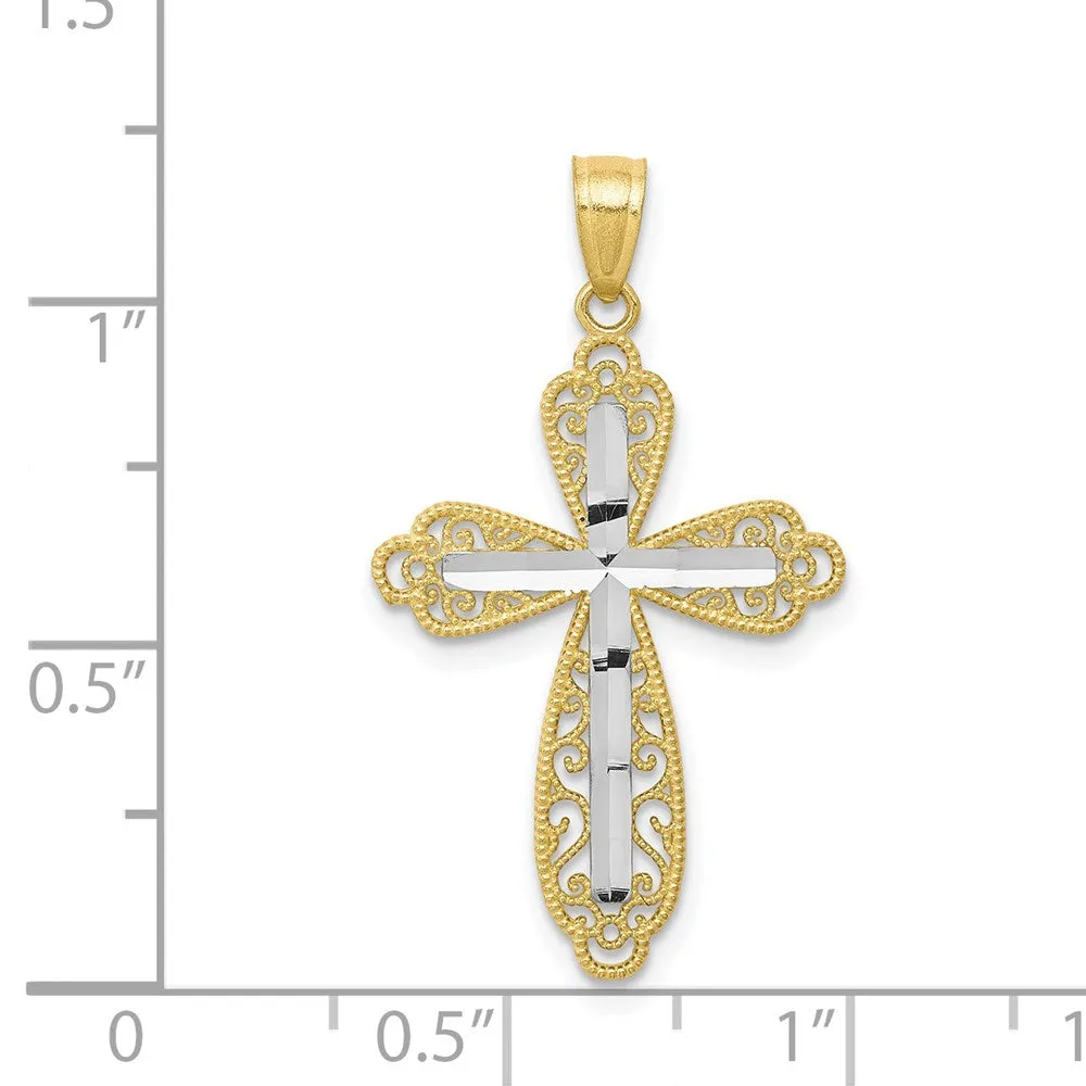 10K w/ Rhodium Diamond-Cut Cross Pendant