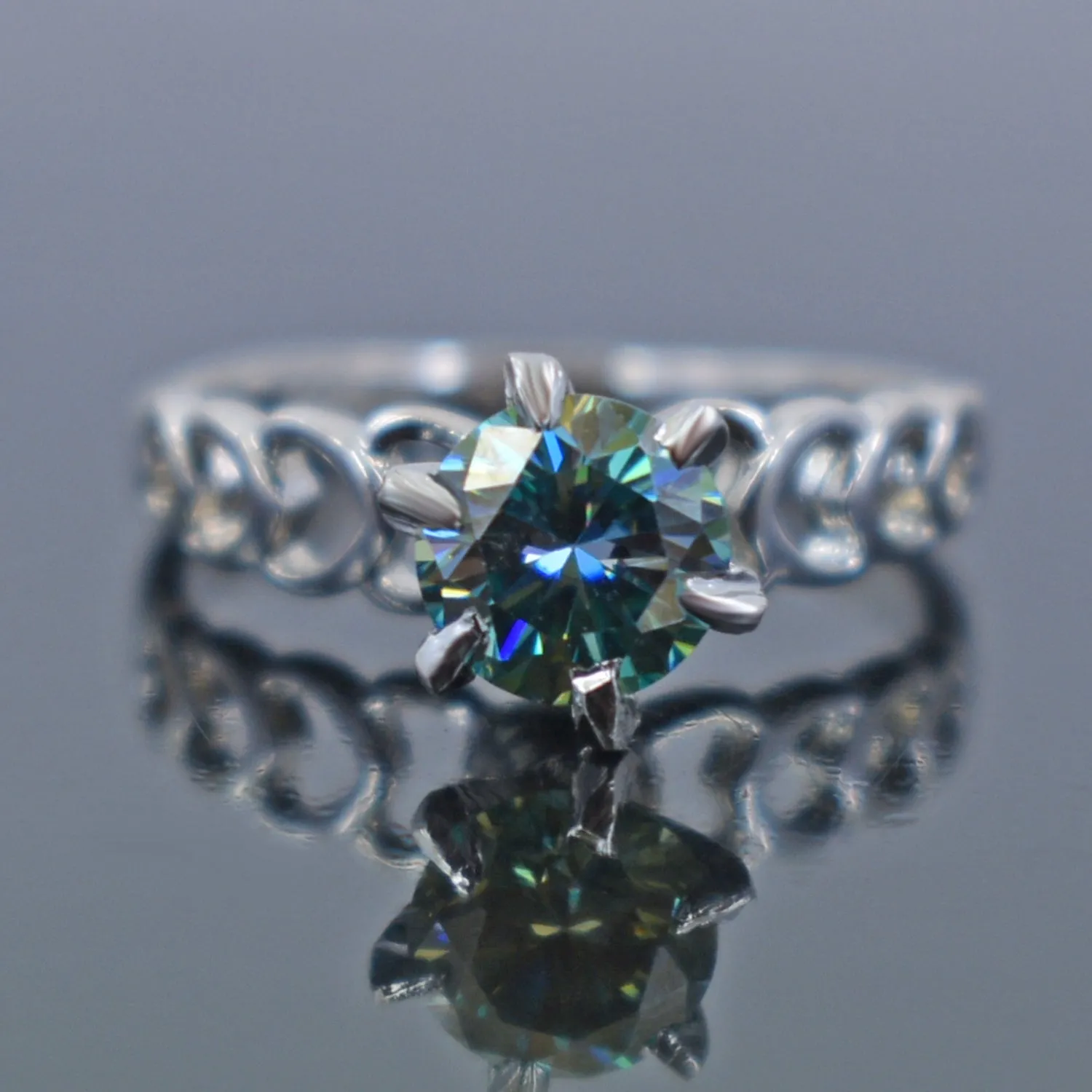 1.10 Ct Blue Diamond Solitaire Ring In Round Brilliant Cut with Fancy Band, AAA Quality, Great Shine & Luster ! Watch Video