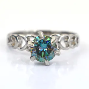 1.10 Ct Blue Diamond Solitaire Ring In Round Brilliant Cut with Fancy Band, AAA Quality, Great Shine & Luster ! Watch Video