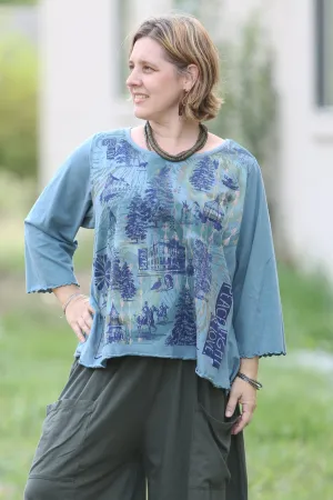 1145 S/S Shorter Length Cafe Tee Kingfisher Storybook Forest Print-P