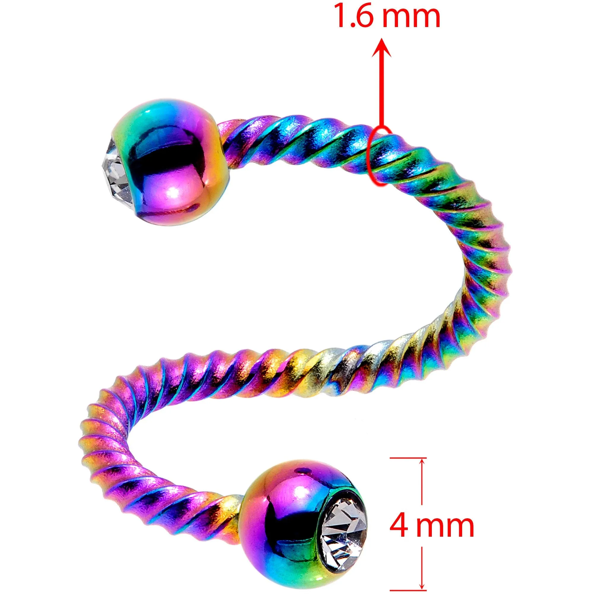 14 Gauge 3/8 Clear Gem Rainbow Twist Spiral Twister Belly Ring
