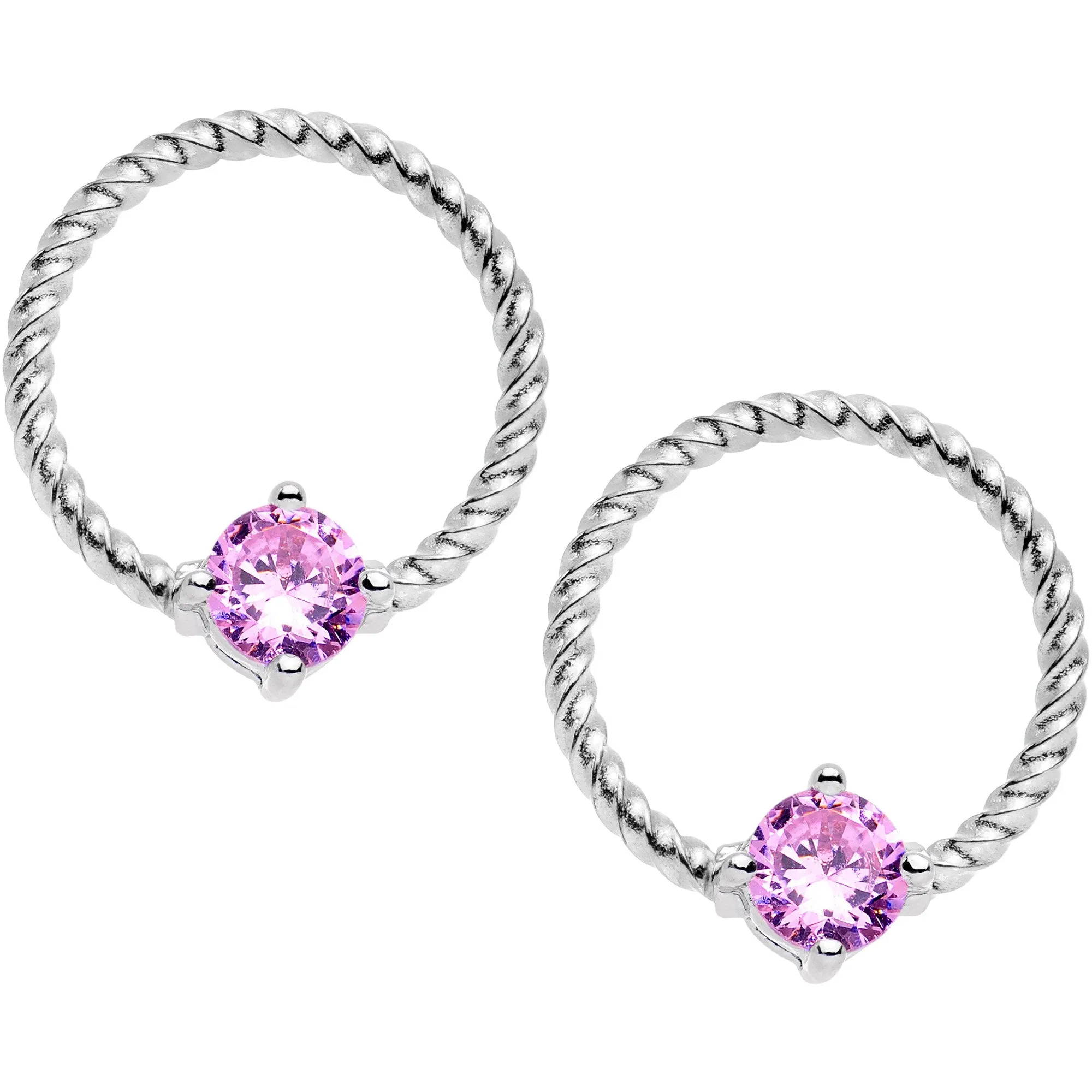 14 Gauge 5/8 Pink CZ Gem Twisted Captive Ring Barbell Nipple Ring Set