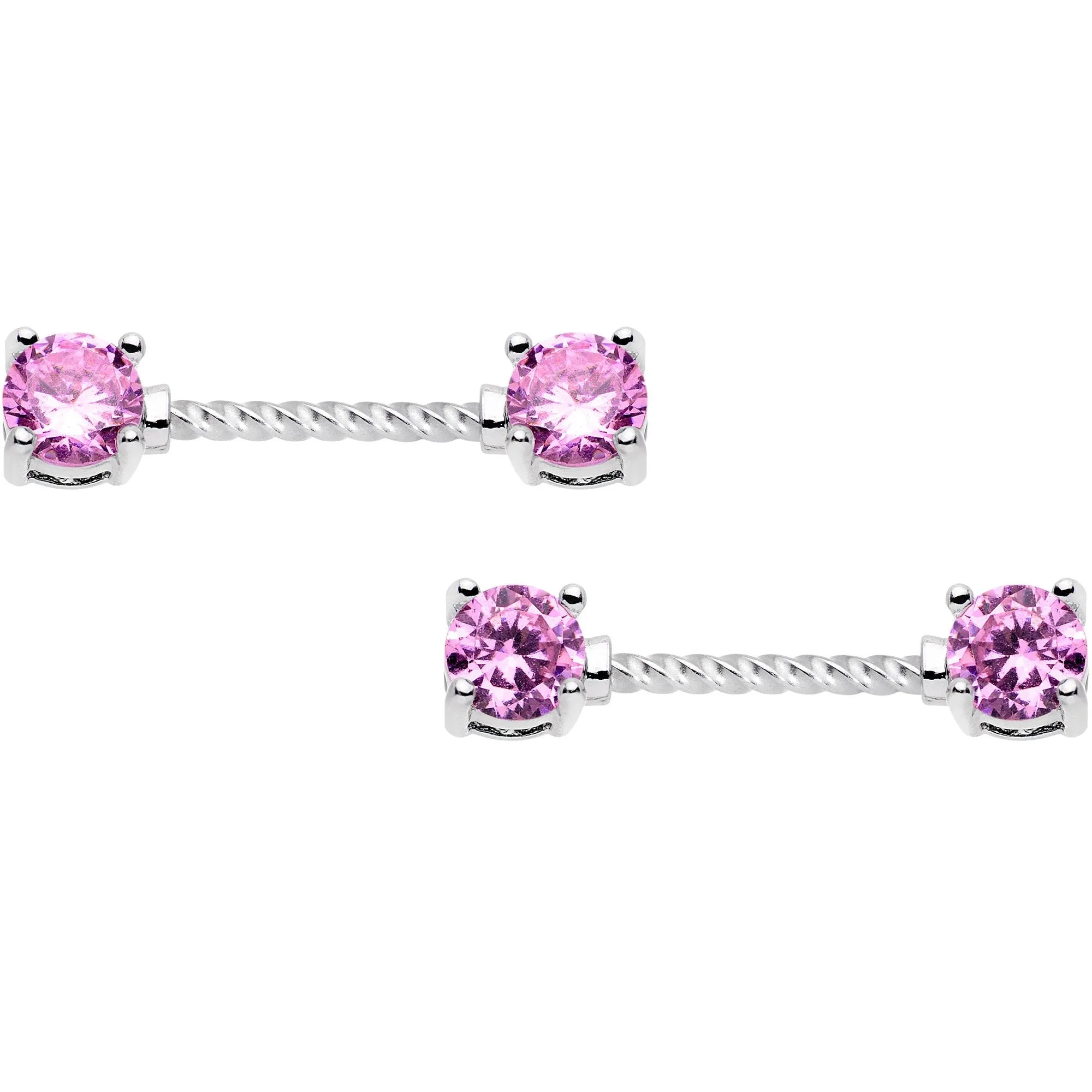 14 Gauge 5/8 Pink CZ Gem Twisted Captive Ring Barbell Nipple Ring Set