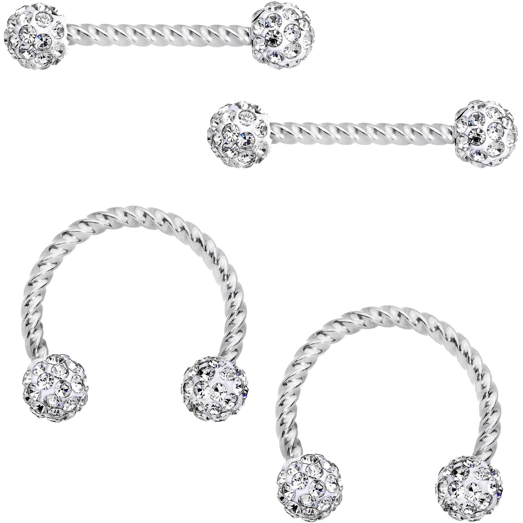 14 Gauge Clear Gem Cluster Twisted Horseshoe Barbell Nipple Ring Set