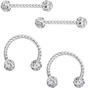 14 Gauge Clear Gem Cluster Twisted Horseshoe Barbell Nipple Ring Set