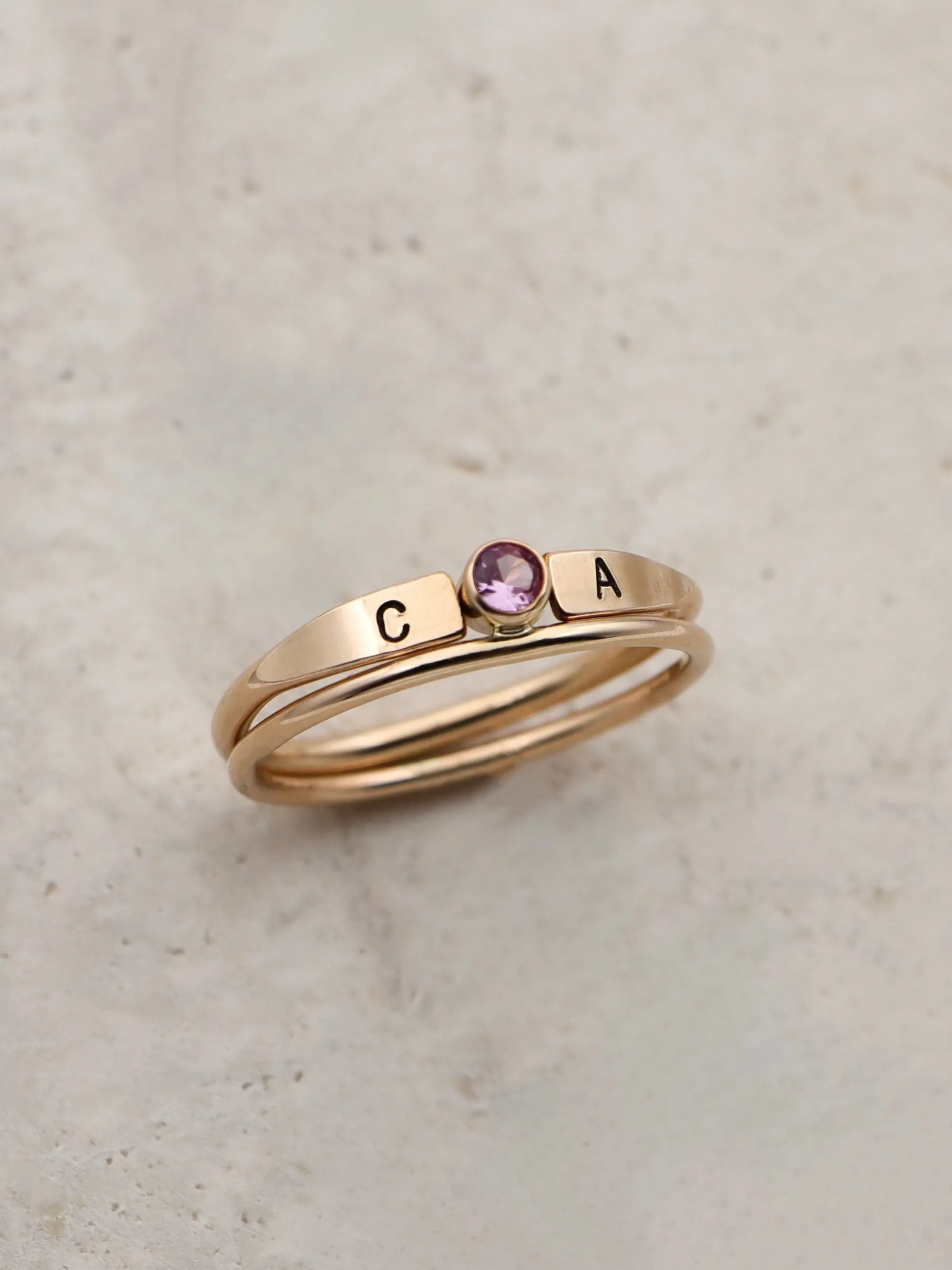 14K Gold Filled Birthstone and Initial Ring Set