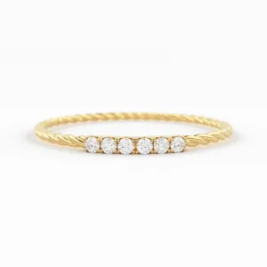 14k Gold Twisted Diamond Wedding Band/ Twisted Band Ring with Diamonds/ Micro Pave Ring with Twisted Gold Band/ Minimalist Stacking Ring