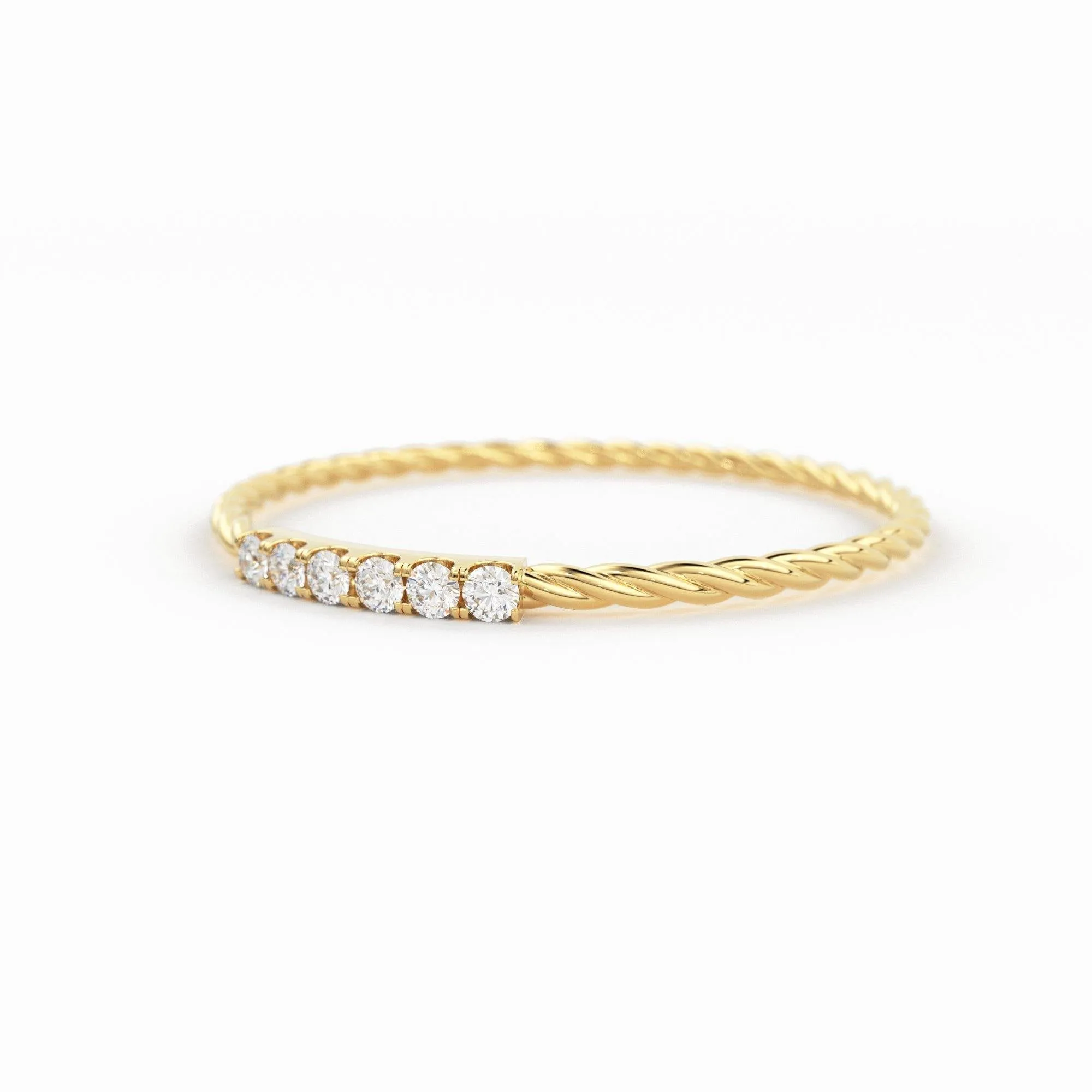 14k Gold Twisted Diamond Wedding Band/ Twisted Band Ring with Diamonds/ Micro Pave Ring with Twisted Gold Band/ Minimalist Stacking Ring