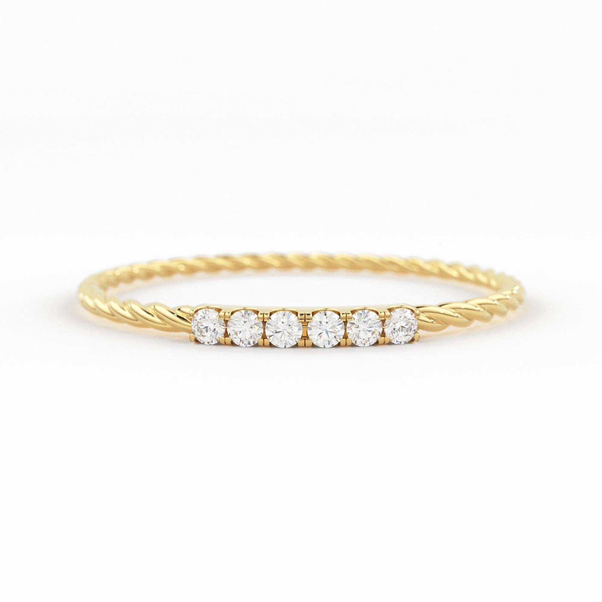 14k Gold Twisted Diamond Wedding Band/ Twisted Band Ring with Diamonds/ Micro Pave Ring with Twisted Gold Band/ Minimalist Stacking Ring