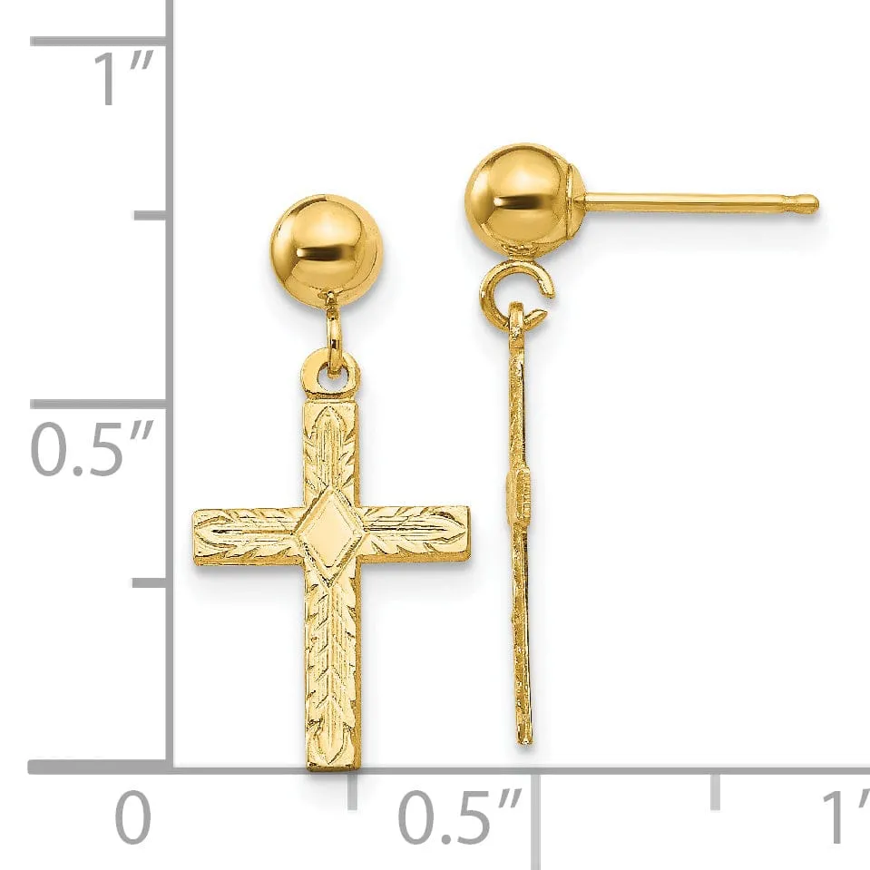 14k Yellow Gold Polished Textured Cross Earrings