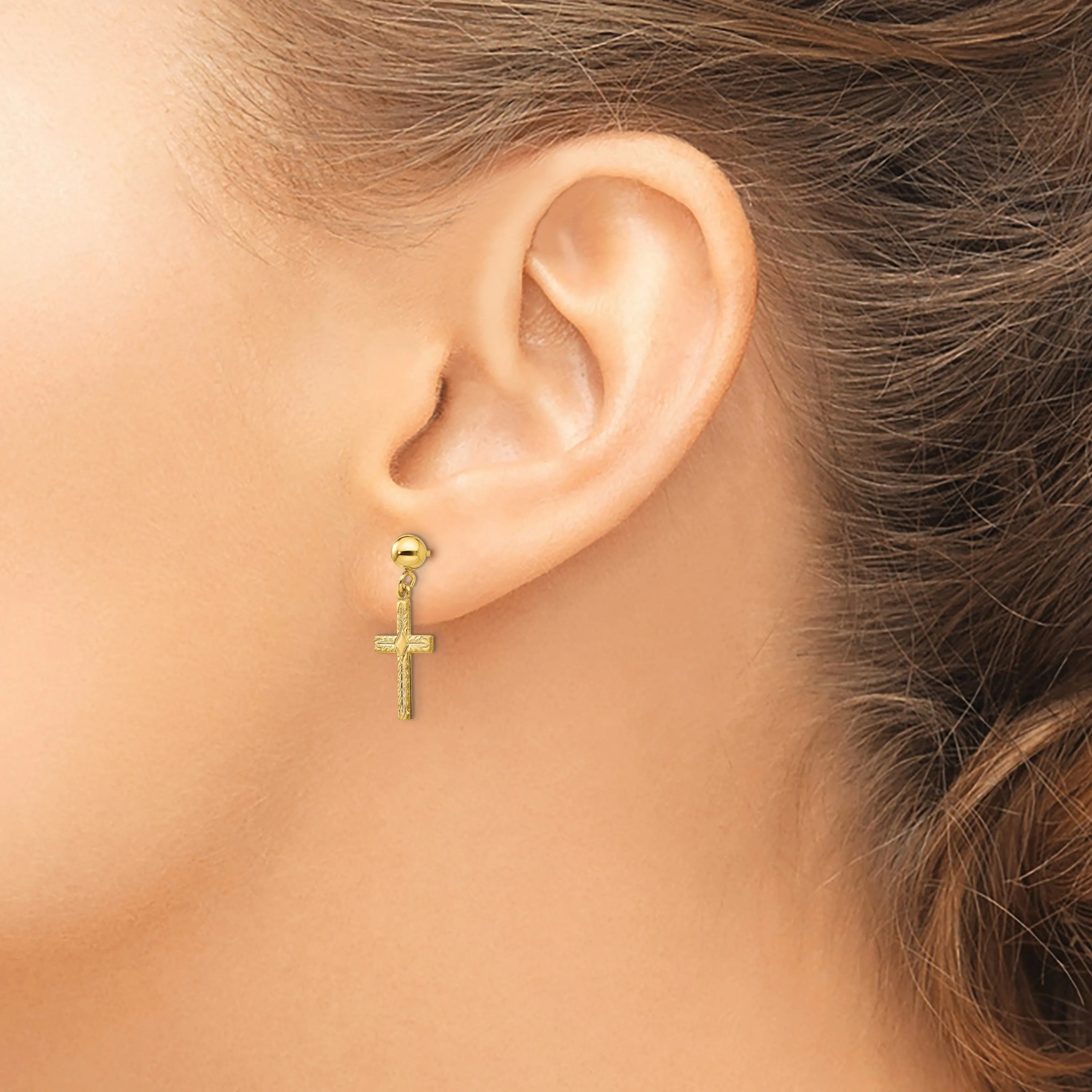 14k Yellow Gold Polished Textured Cross Earrings