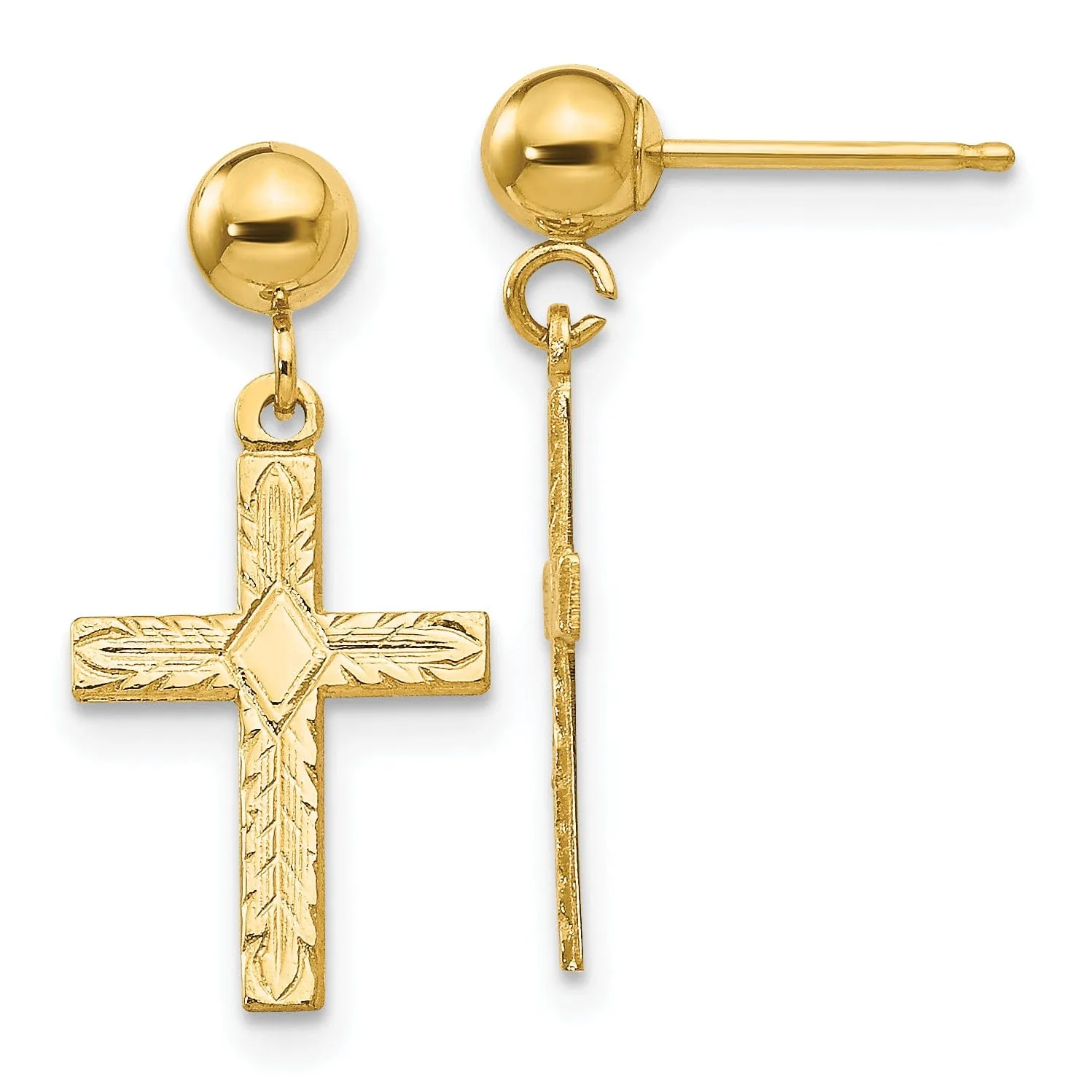14k Yellow Gold Polished Textured Cross Earrings