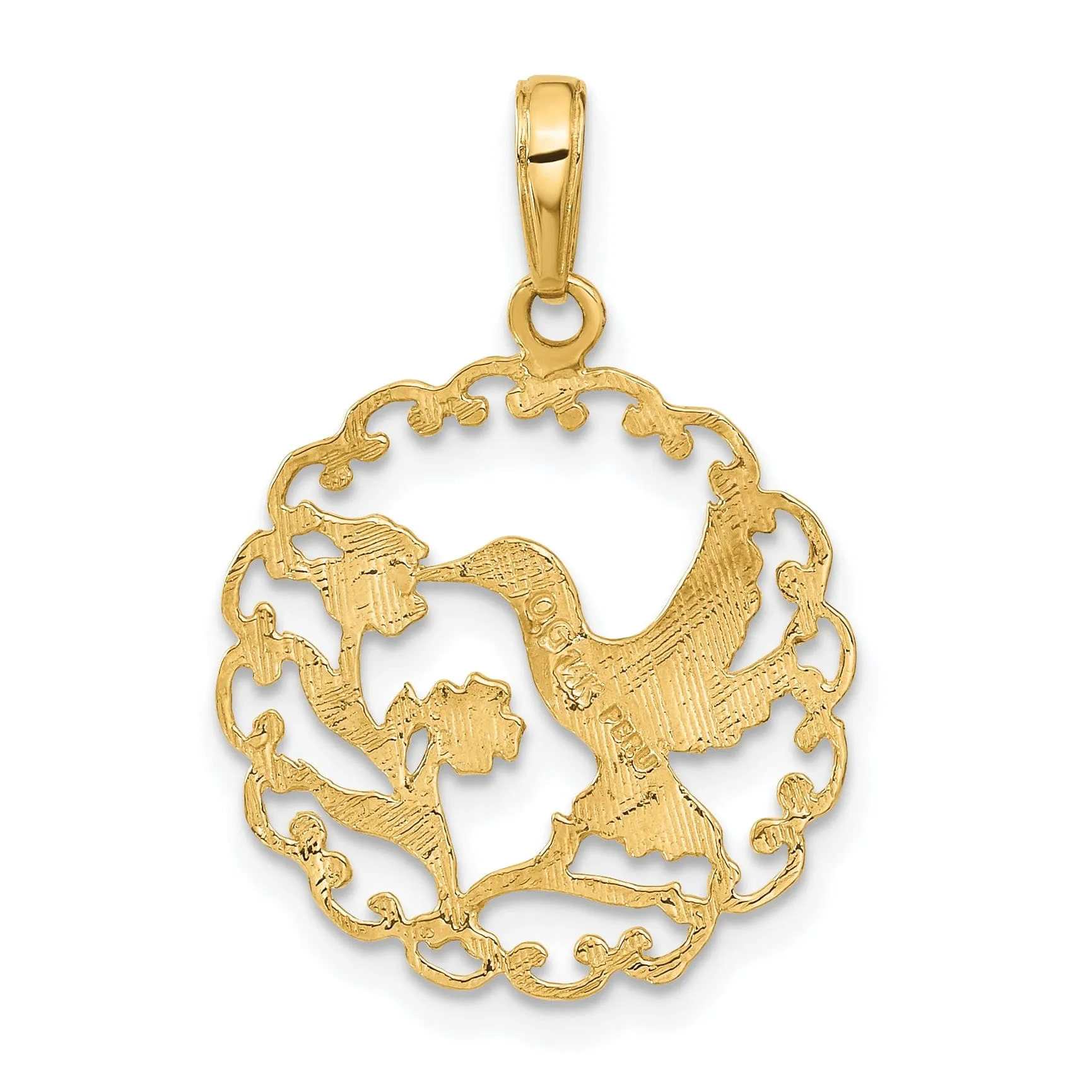 14k Yellow Gold Textured Polished Finish Soild Hummingbird in RoundCharm  Frame Pendant