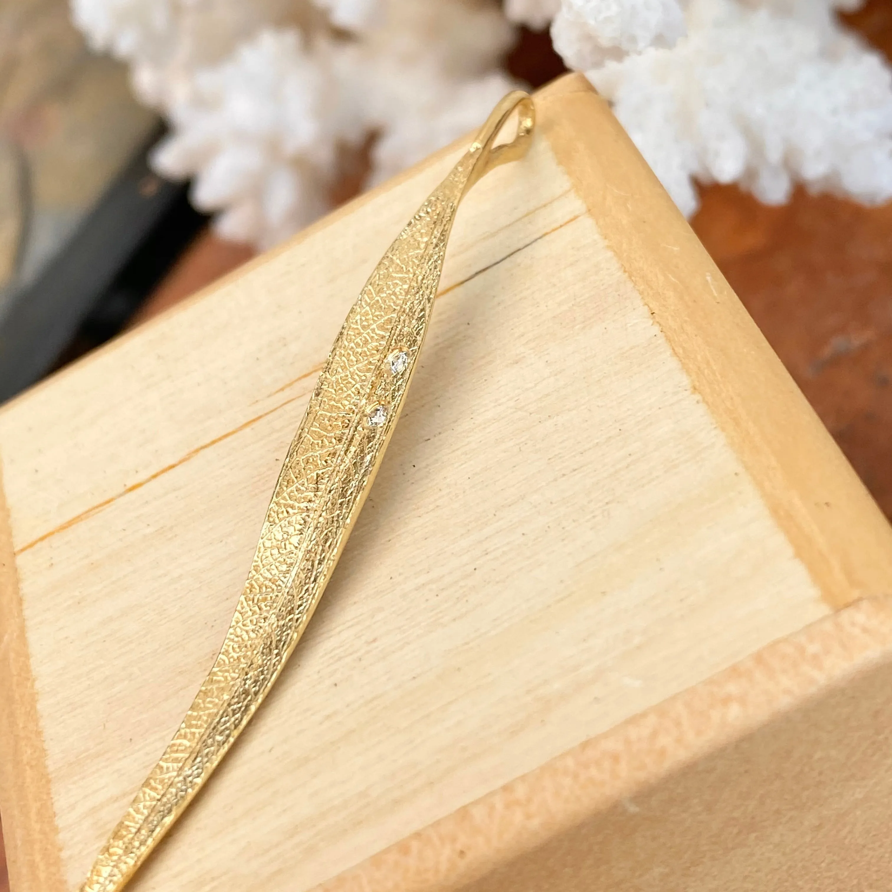 14KT Yellow Gold Gypsy Set Diamond Leaf Pendant Charm