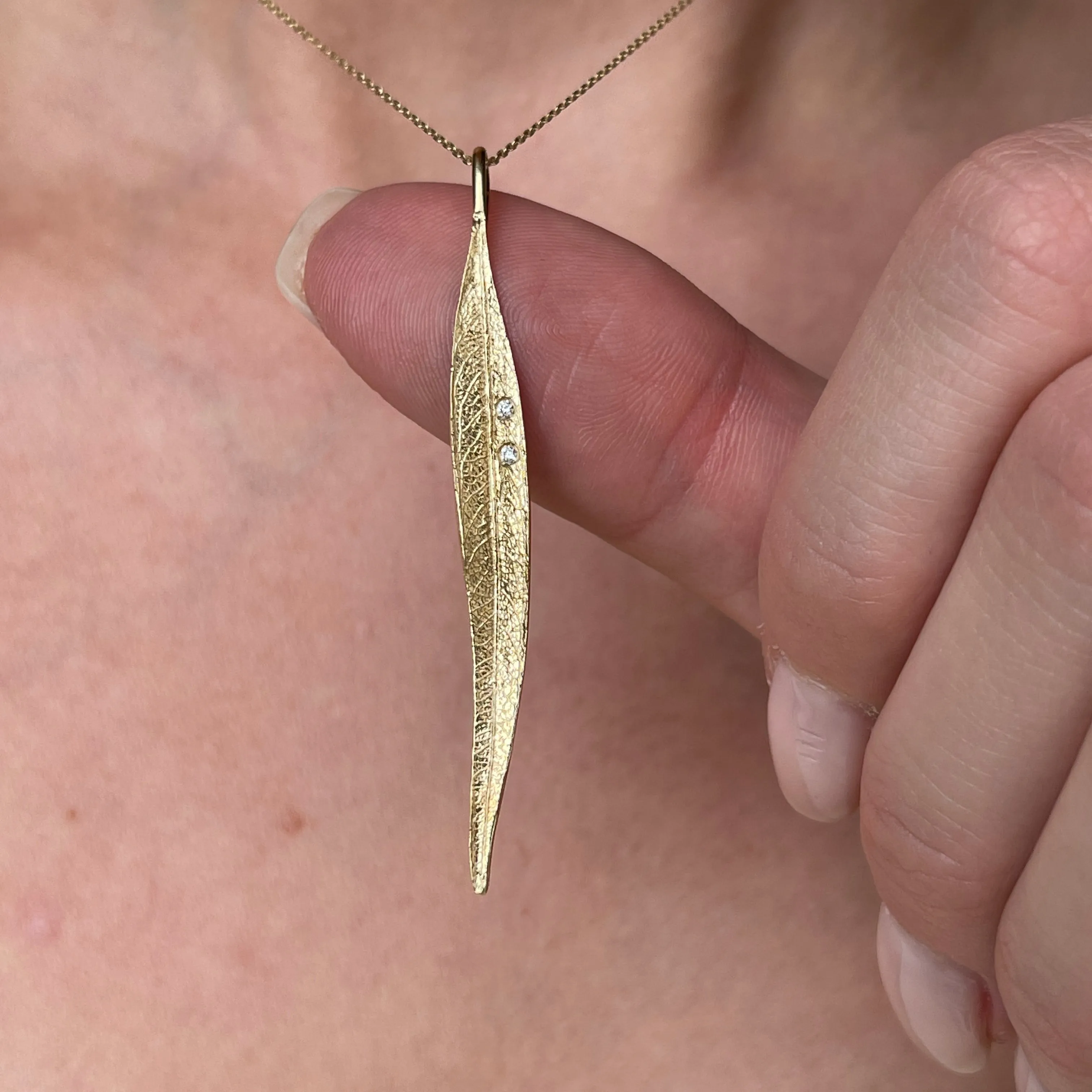 14KT Yellow Gold Gypsy Set Diamond Leaf Pendant Charm