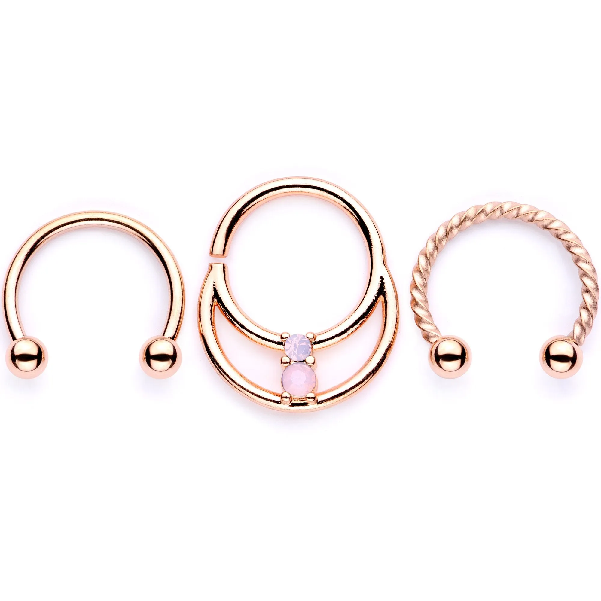16 Gauge 3/8 Pink Faux Opal Rose Gold Tone Horseshoe Closure Ring Set