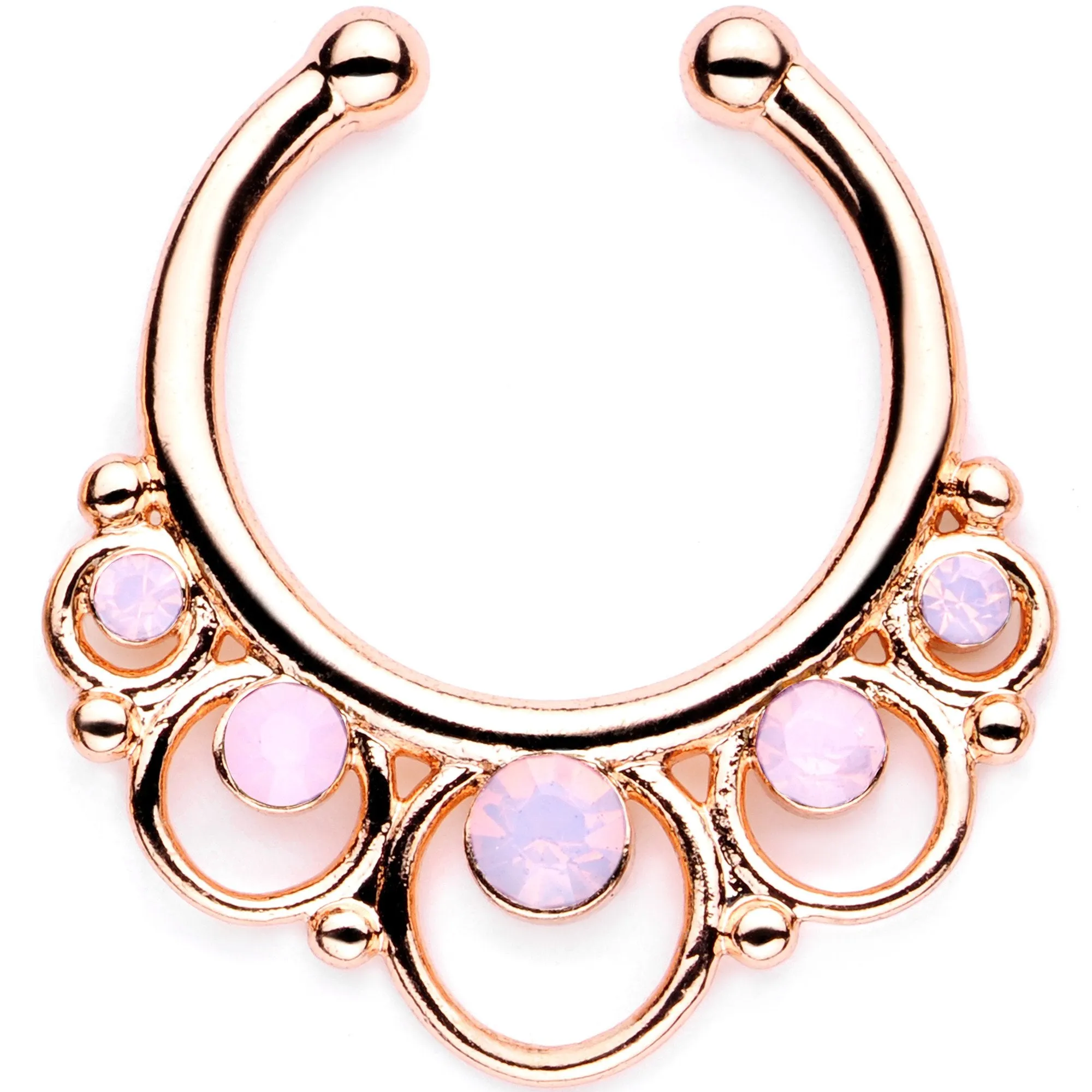 16 Gauge Pink Faux Opal Rose Gold Tone Twisted Horseshoe Clip On Fake Septum Ring Set