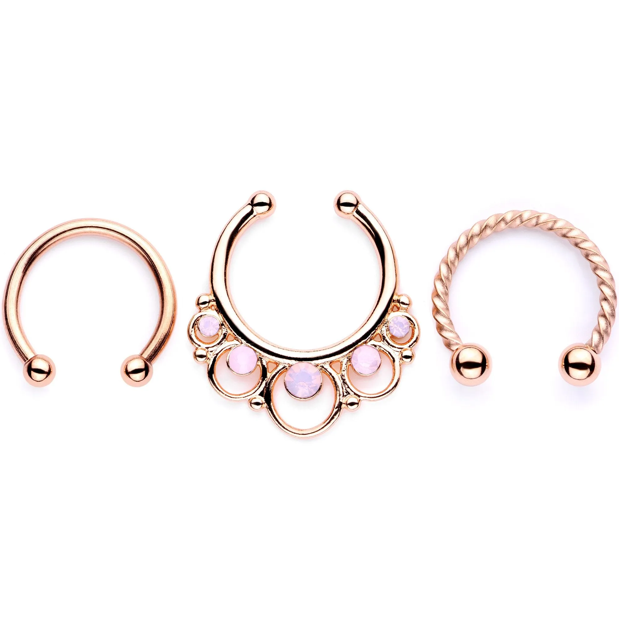16 Gauge Pink Faux Opal Rose Gold Tone Twisted Horseshoe Clip On Fake Septum Ring Set