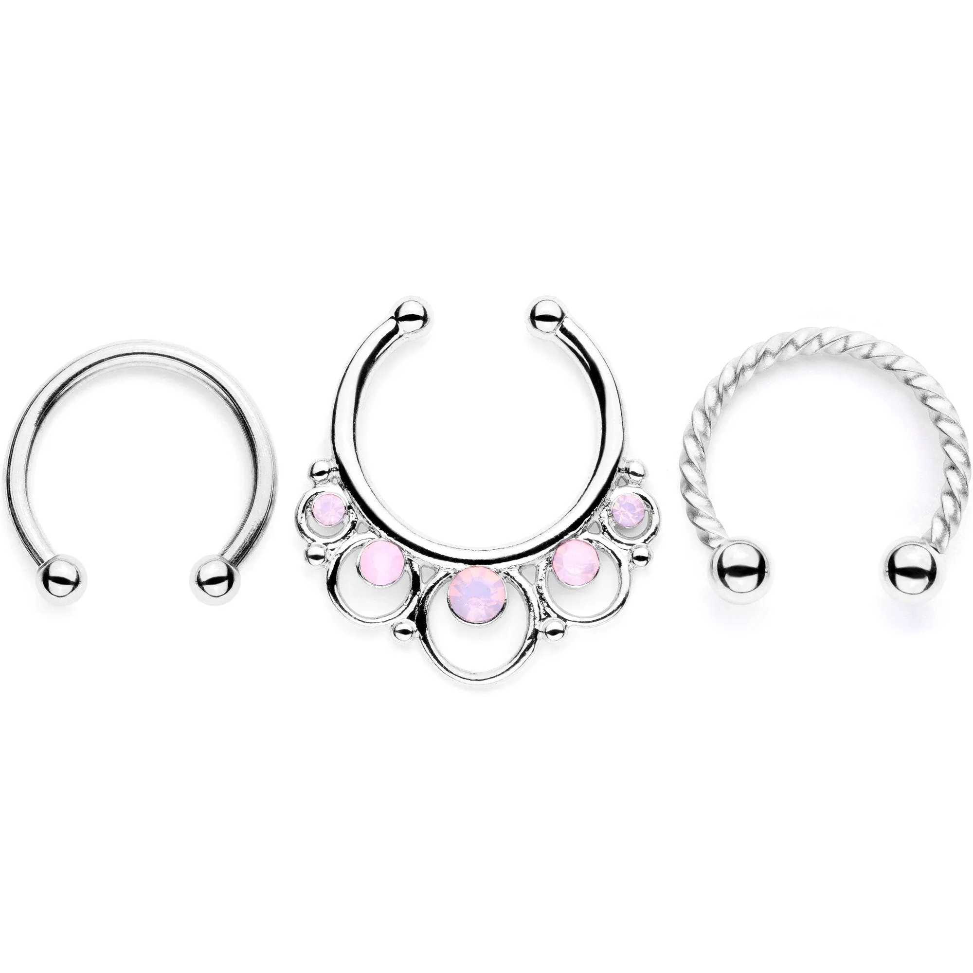 16 Gauge Pink Faux Opal Twisted Horseshoe Clip On Fake Septum Ring Set