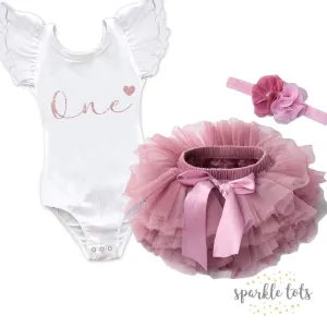 1st Birthday Rose Gold Outfit – Customisable Baby Leotard with Tutu & Bow Set