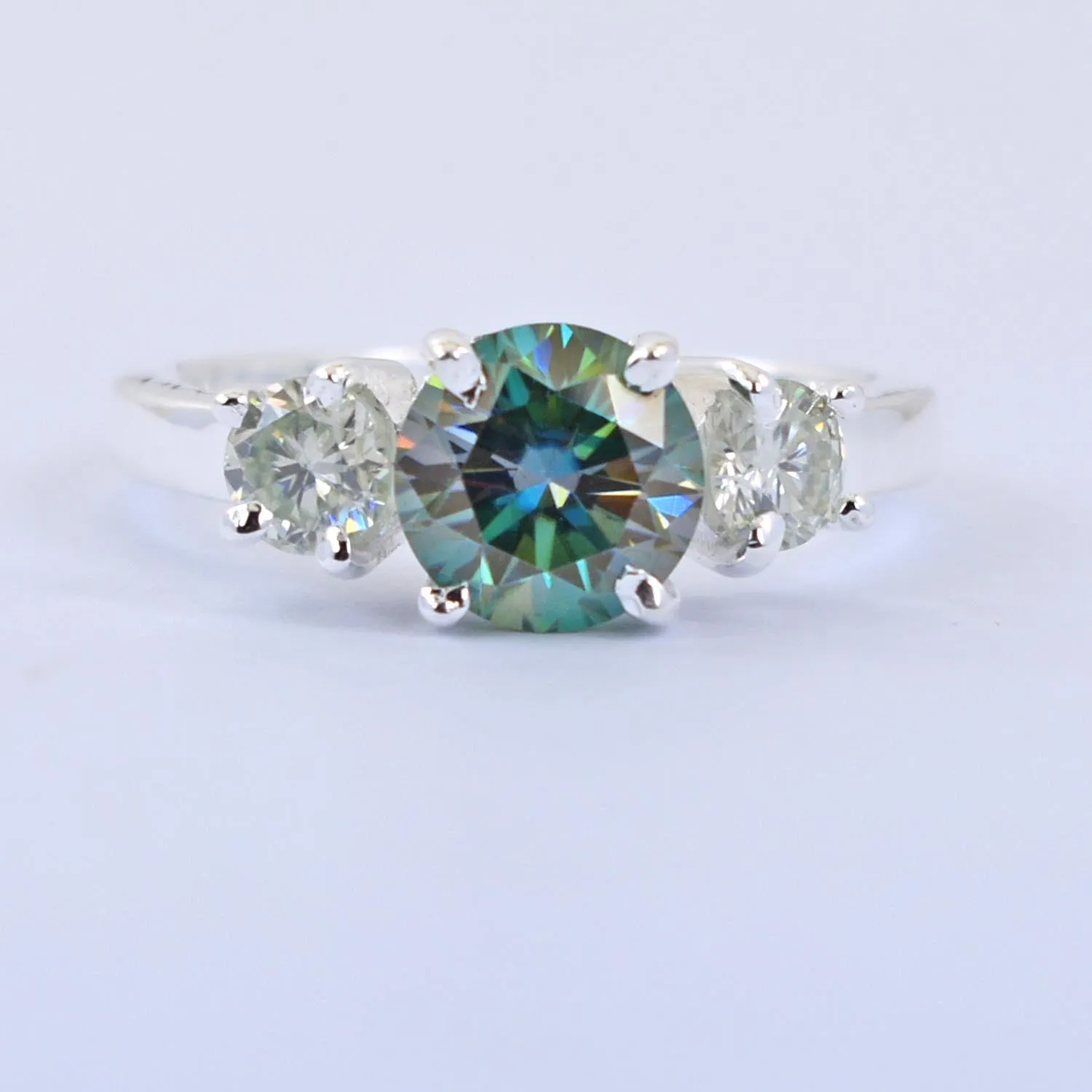 2 Ct Round Brilliant Cut Blue Diamond Ring With White Accents, AAA Quality, Great Shine & Luster !