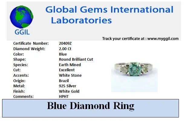 2 Ct Round Brilliant Cut Blue Diamond Ring With White Accents, AAA Quality, Great Shine & Luster !