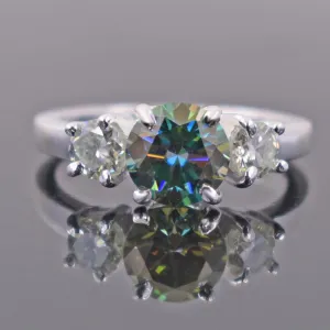 2 Ct Round Brilliant Cut Blue Diamond Ring With White Accents, AAA Quality, Great Shine & Luster !