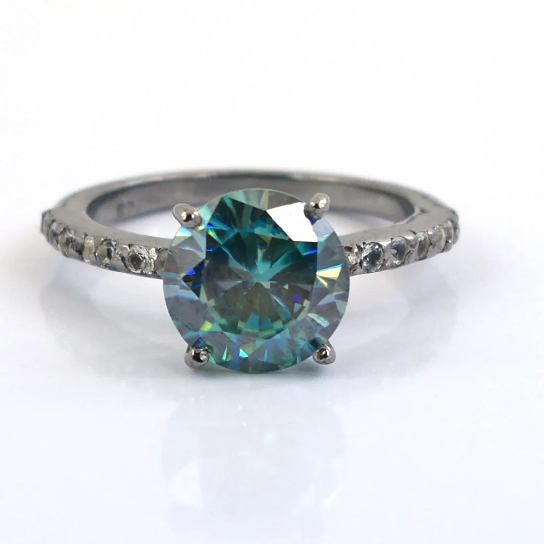 2.15 Ct AAA Certified Blue Diamond Ring with Accents in Black God. Great Brilliance and Luster