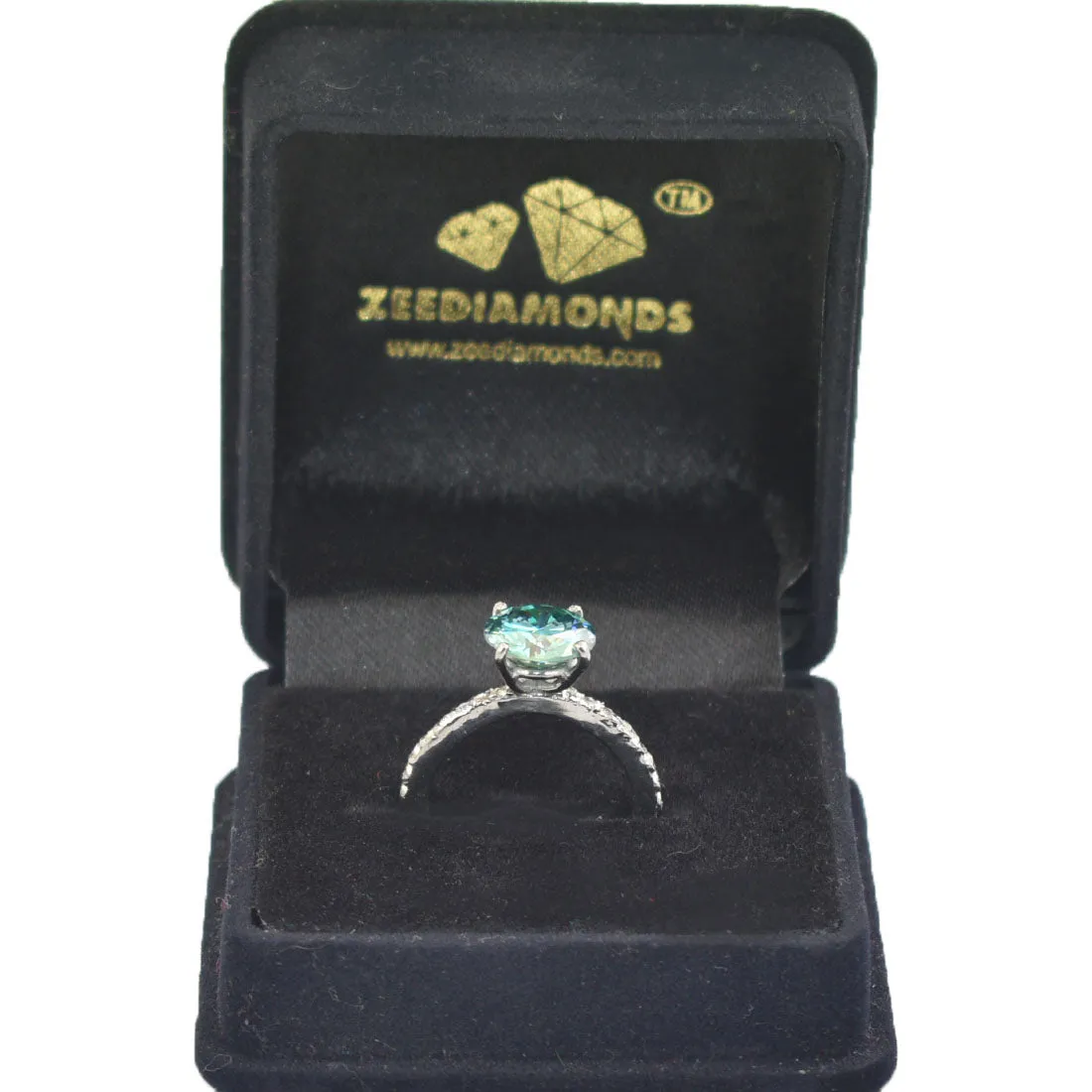 2.15 Ct AAA Certified Blue Diamond Ring with Accents in Black God. Great Brilliance and Luster