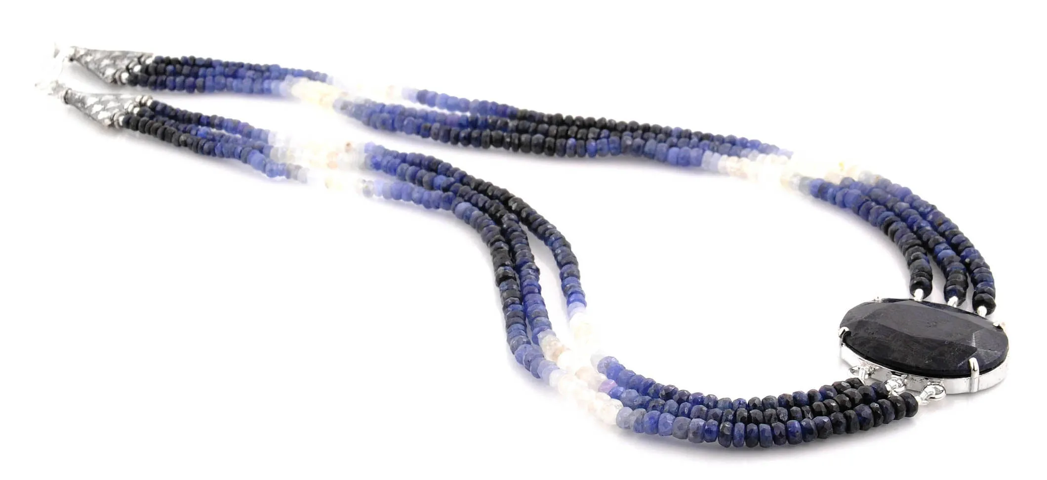3- 4 mm Blue Sapphire Gemstone Choker Style Three Row Necklace In Sterling Silver