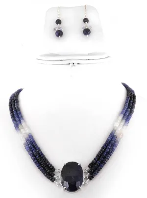 3- 4 mm Blue Sapphire Gemstone Choker Style Three Row Necklace In Sterling Silver