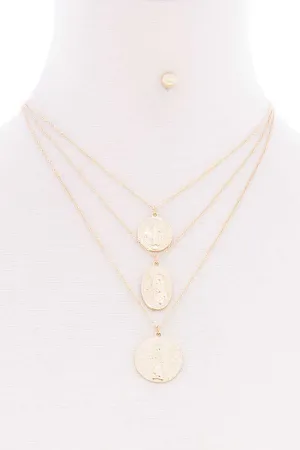 3 Layered Round Metal Pendant Multi Necklace Earring Set