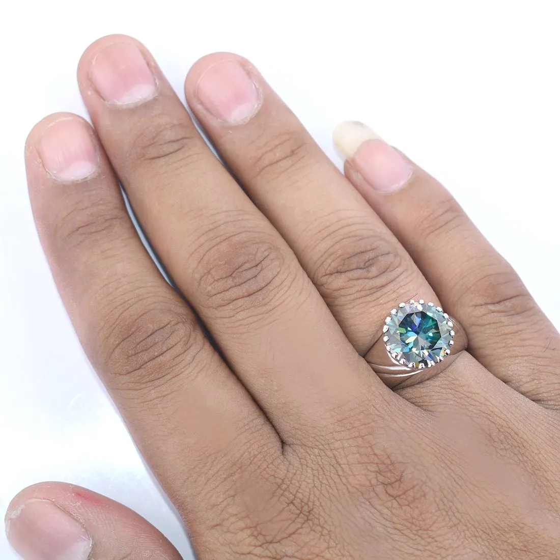 5.30 Ct AAA Certified Round Brilliant Cut Blue Diamond Solitaire Men's Ring, Heavy Design with Great Shine