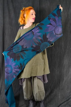 8002 Handprinted Blue Fish Scarf-Teal Mega Bloom Daisy