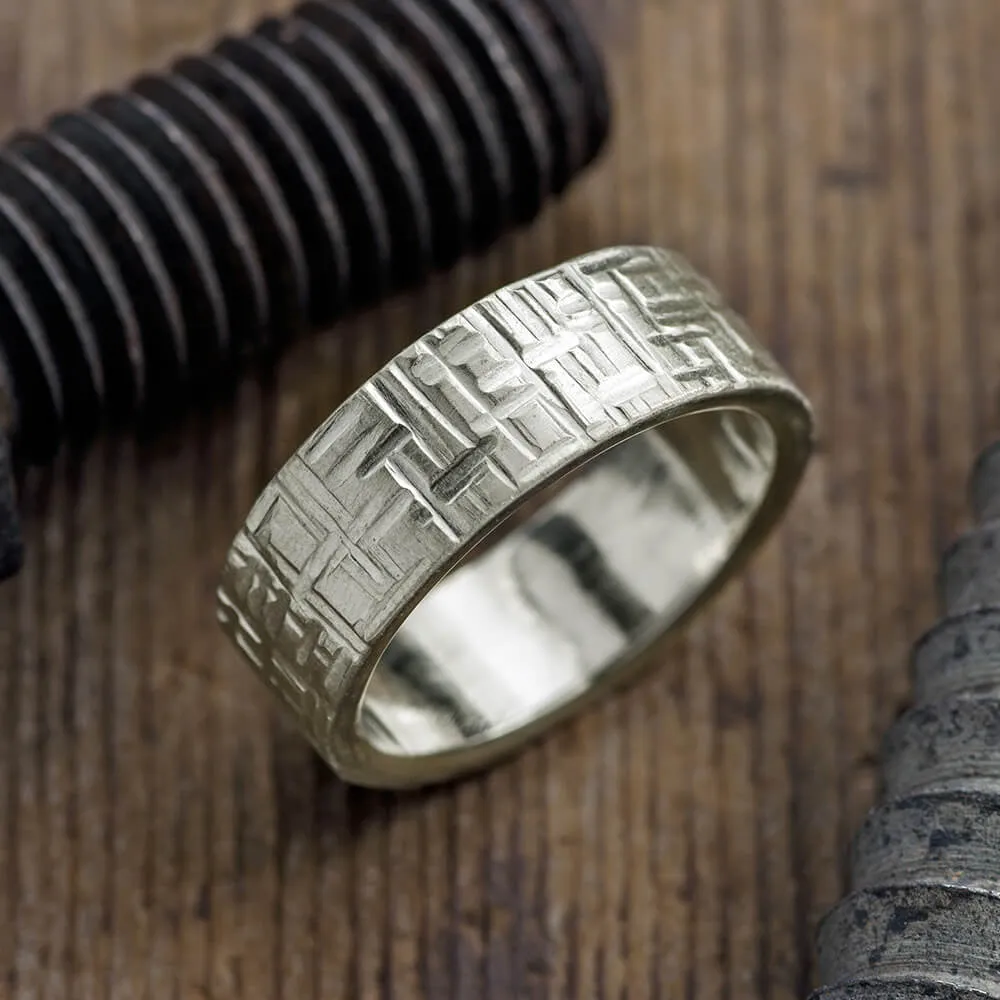 8mm 14k White Gold Textured  Mens Wedding Band, Matte Finish