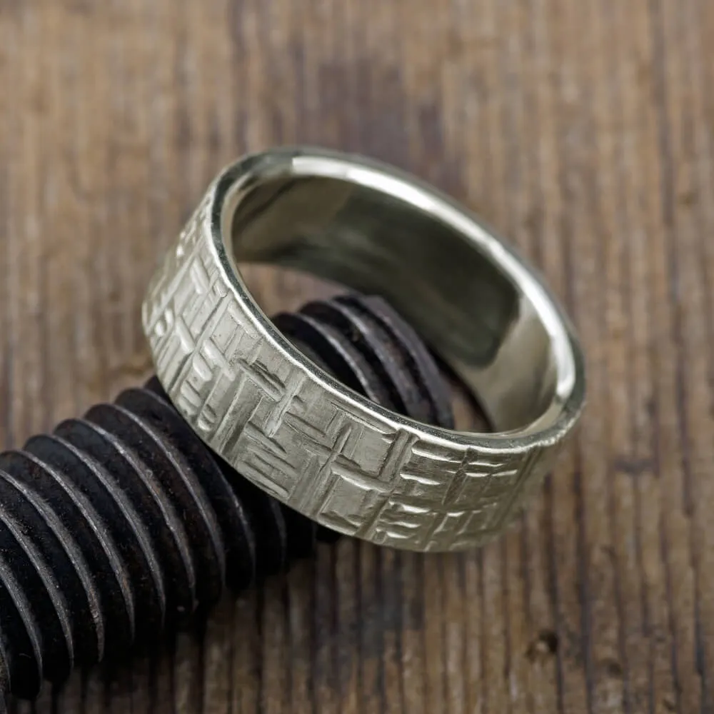 8mm 14k White Gold Textured  Mens Wedding Band, Matte Finish
