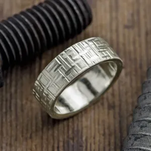 8mm 14k White Gold Textured  Mens Wedding Band, Matte Finish