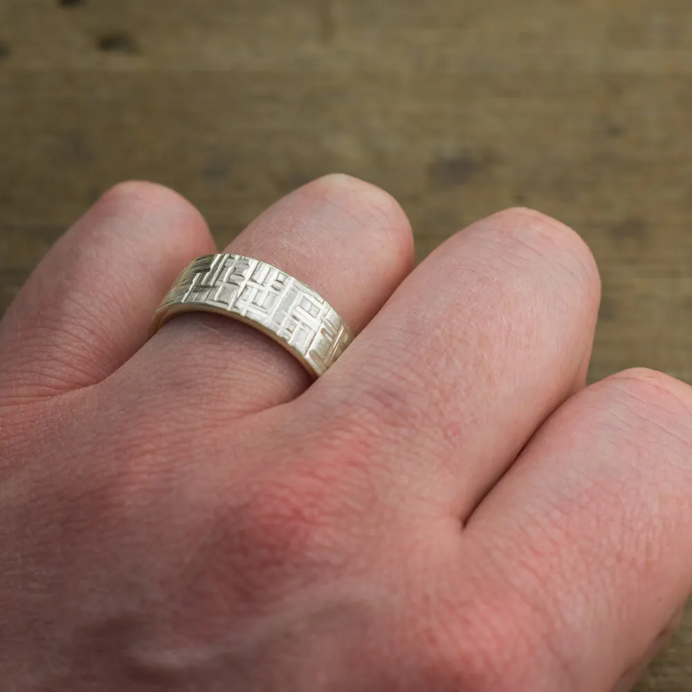 8mm 14k White Gold Textured  Mens Wedding Band, Matte Finish