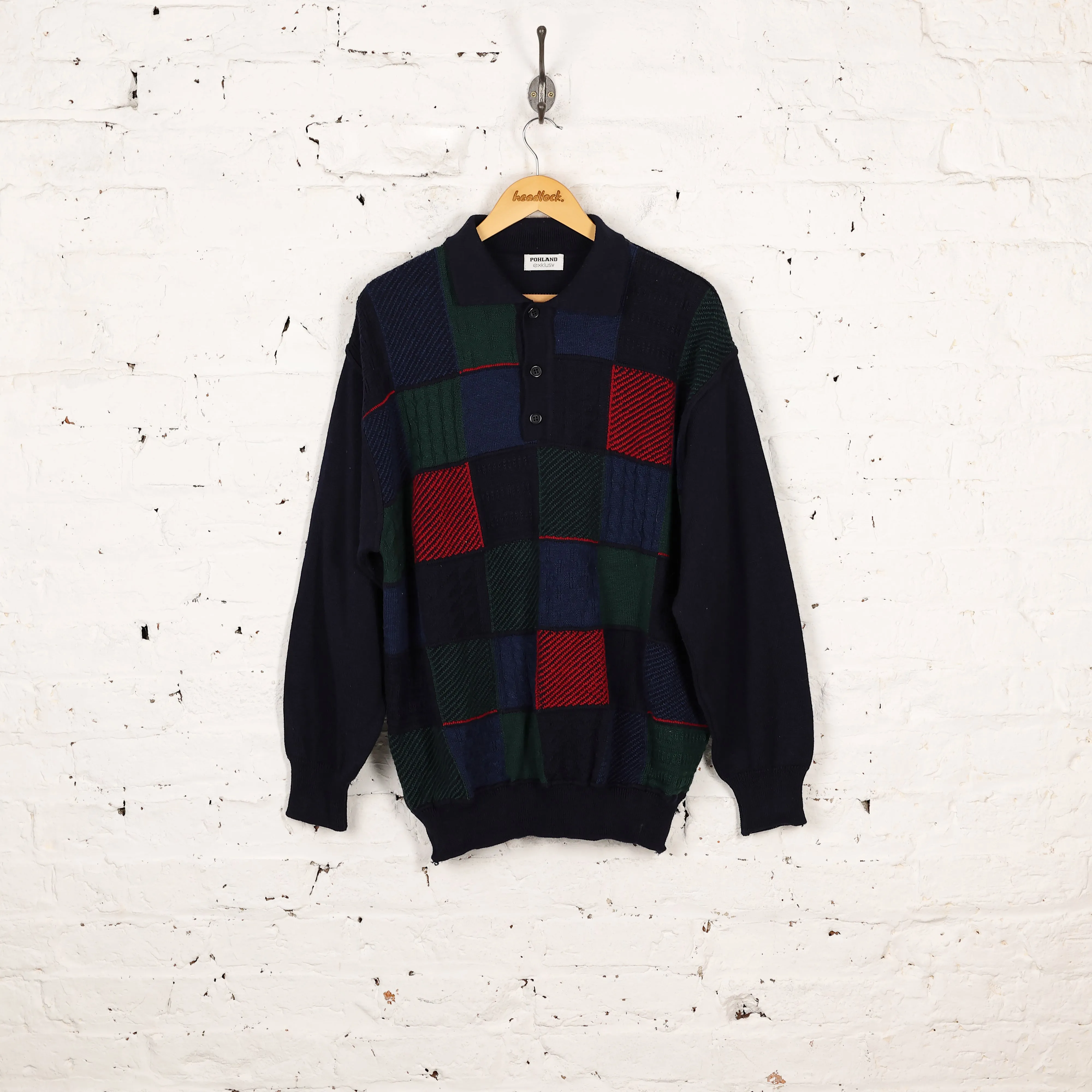 90s Collared Squares Texture Knit Jumper - Blue - XL