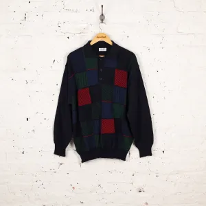 90s Collared Squares Texture Knit Jumper - Blue - XL