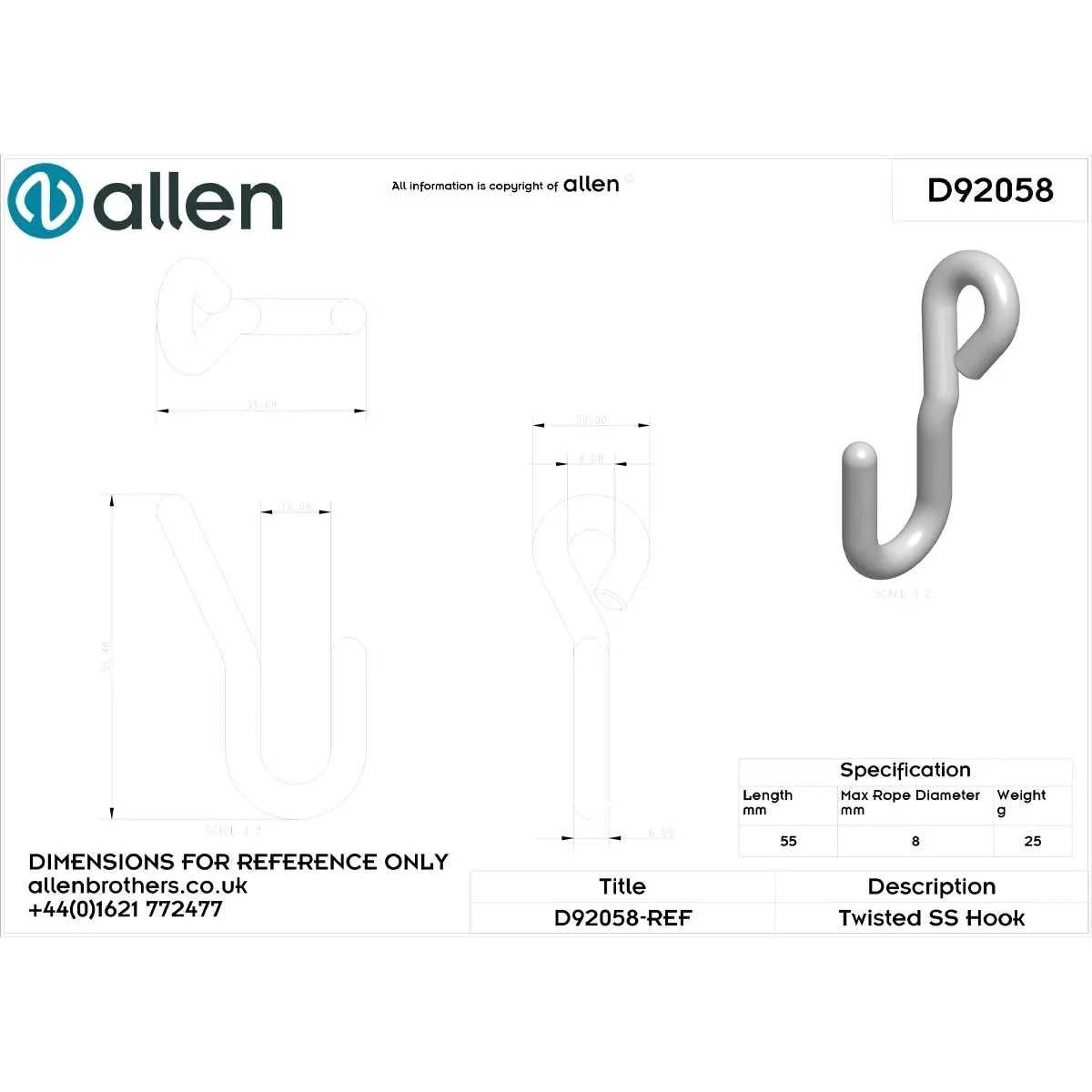 Allen Twisted Stainless Steel Clew Hook