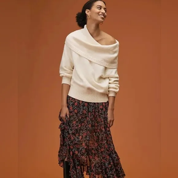 Anthropologie Ivory Slouchy Off the Shoulder or Cowl Neck Sweater Size M NWT