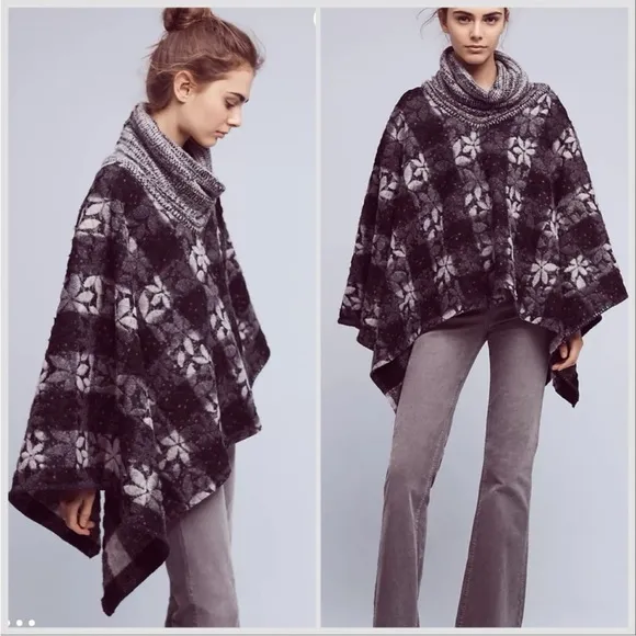 Anthropologie Wintertide Reversible Floral Buffalo Check Wool Poncho OS