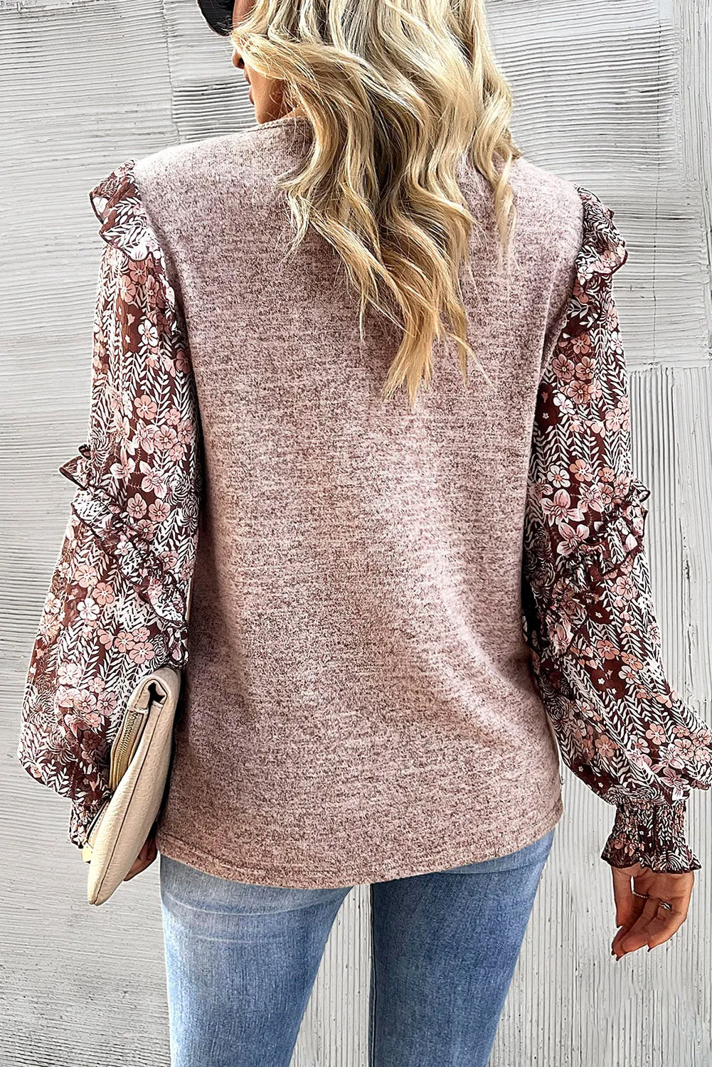 Apricot Powder Contrast Frilled Floral Sleeve Top