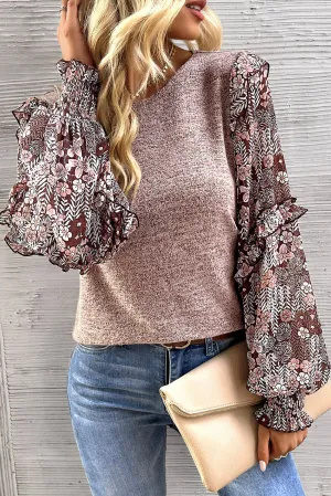 Apricot Powder Contrast Frilled Floral Sleeve Top
