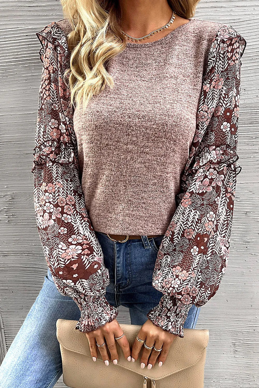 Apricot Powder Contrast Frilled Floral Sleeve Top