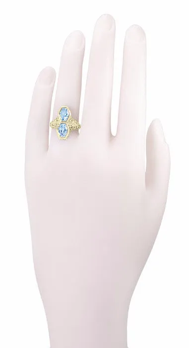 Art Deco Love Duet Blue Topaz Filigree Ring in 14 Karat Yellow Gold
