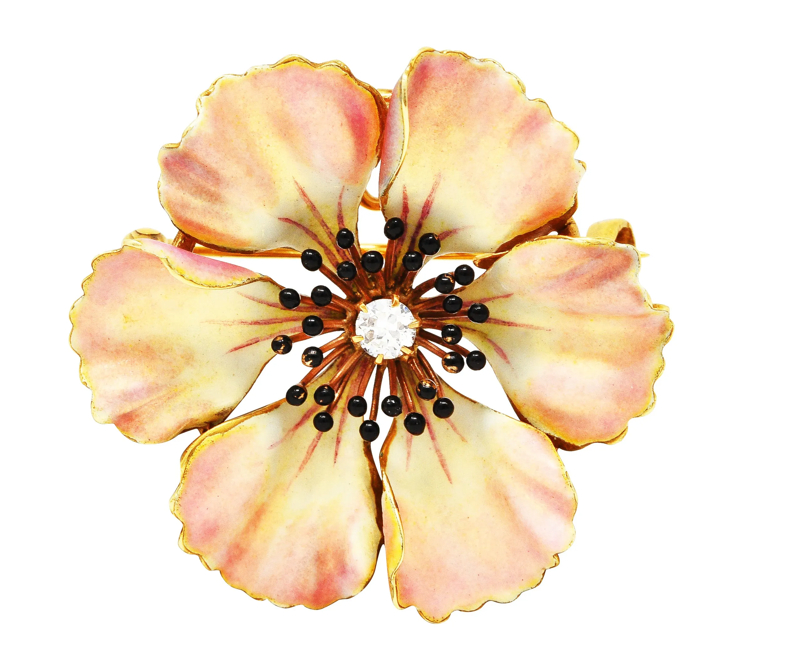 Art Nouveau Old European Cut Diamond Enamel 14 Karat Yellow Gold Poppy Pansy Antique Brooch