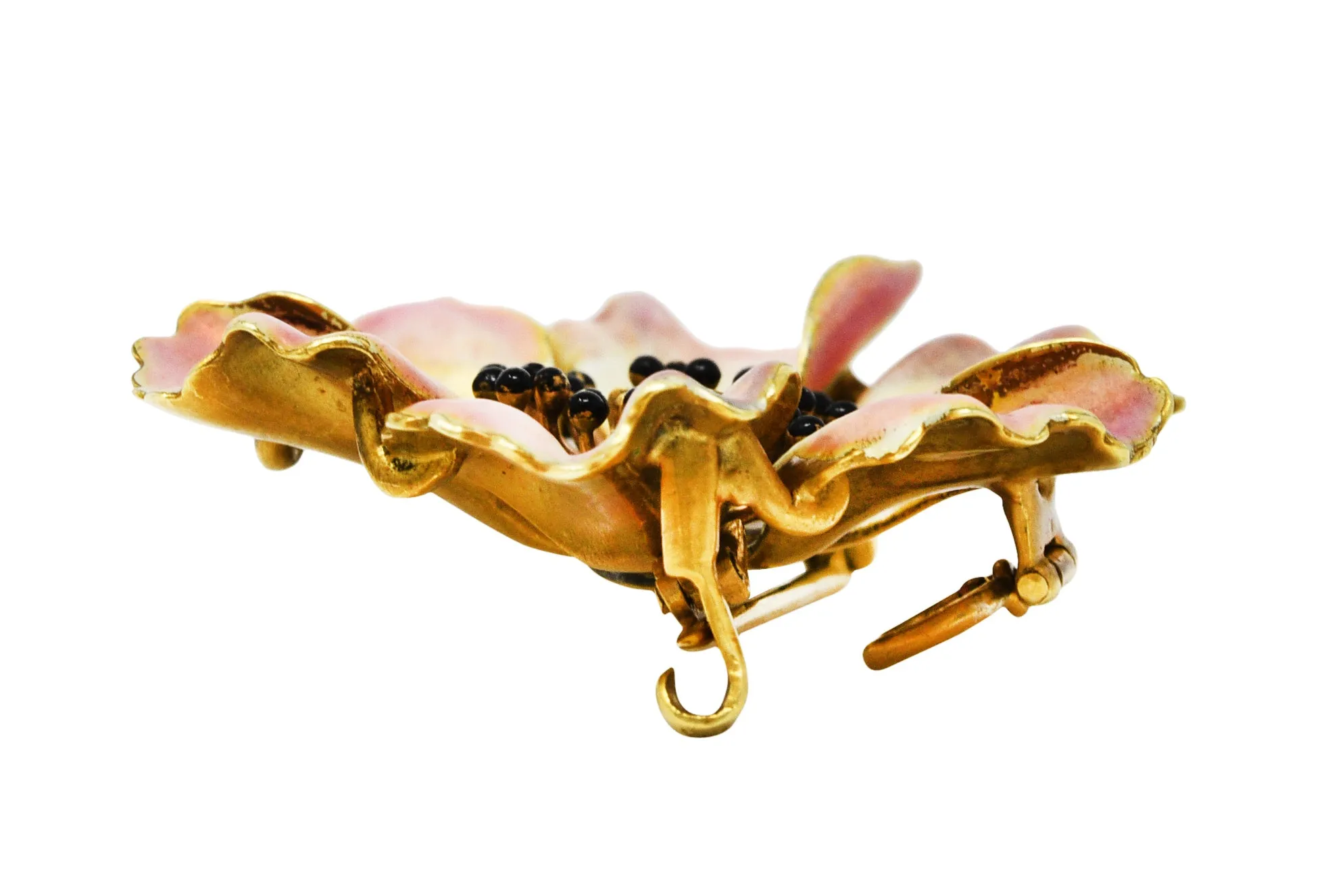 Art Nouveau Old European Cut Diamond Enamel 14 Karat Yellow Gold Poppy Pansy Antique Brooch
